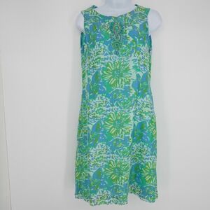 Bella Tu Shift Dress Womens XL Blue Green Floral Beaded Lightweigth Lined Resort